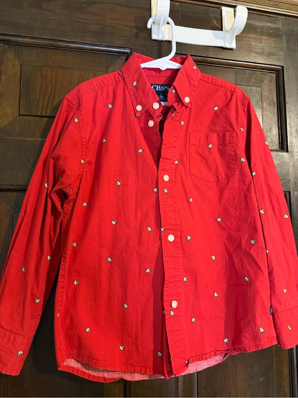 Chaps Bulldog Red Long-Sleeve Button-Down Shirt with Embroidered Accents